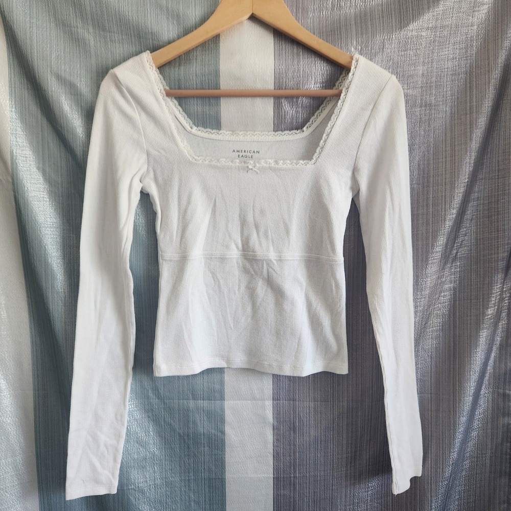 American Eagle White Ribbed Lace Trim Long Sleeve Top Baby Doll Bella Swan S Y2K